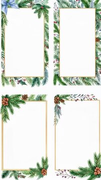 Festive Christmas borders with pine branches, pine cones, holly and blue bow
