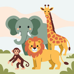 Naklejka premium A charming illustration depicts an elephant giraffe lion and monkey in a serene landscape high quality