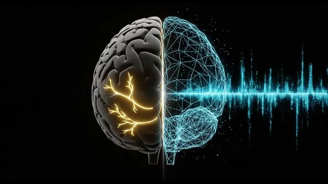 Split human brain with glowing neurons and digital data wave