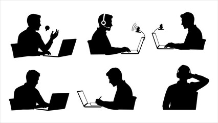 People working on laptops in various postures and environments, shown from different viewpoints and settings.