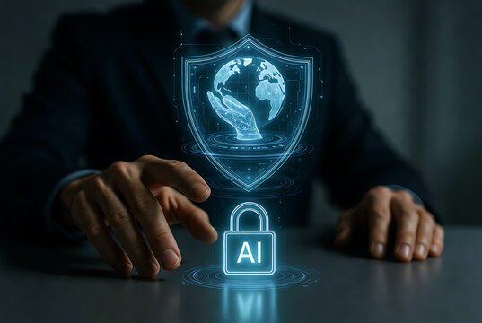 AI Ethics & Global Security &mdash; Executive Hovering Over Holographic Shield Containing Earth and AI Padlock for Responsible Artificial Intelligence
