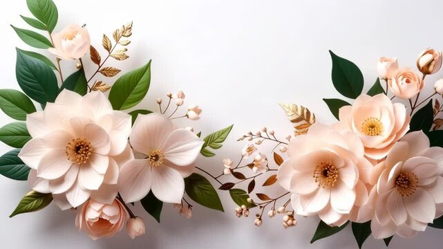 Soft Peach and Cream Flowers with Green Leaves and Gold Accents on White