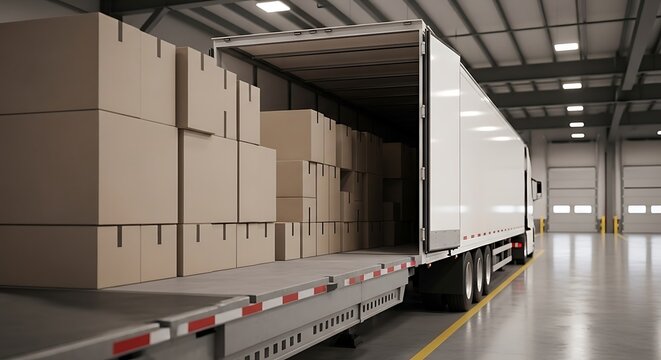 Semi-trailer truck being loaded with cardboard boxes inside a large warehouse