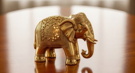 Golden Elephant Figurine with Intricate Details on Wooden Surface