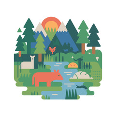 Fototapeta premium A stylized illustration depicts a tranquil forest scene with mountains wildlife and a river high quality