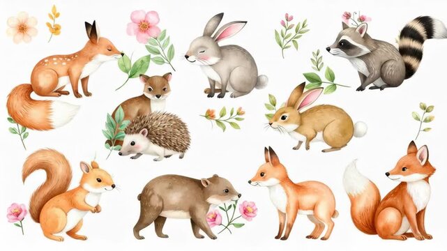 Charming Watercolor Forest Animals with Flowers Collection
