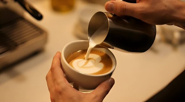 Pouring steamed milk into a cup of espresso, creating latte art design