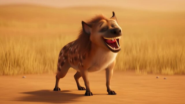 Animated hyena laughing in african savannah landscape cartoon character ready to pounce