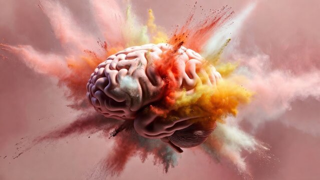Brain ejecting colored pigment clouds against pink background.