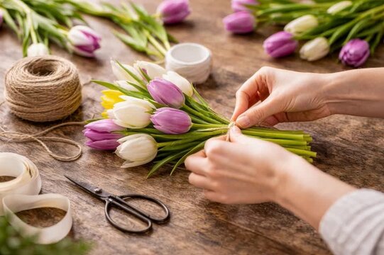 Close up of hands tying a fresh tulip bouquet with natural twine on a wooden table, with scissors and ribbon nearby. Spring floristry craft for gifting, wedding decor, or home styling. Soft daylight.