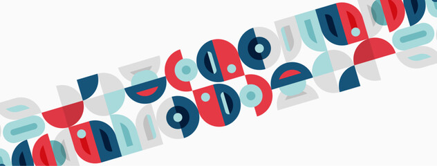 Fototapeta premium Abstract geometric shapes form stylized alphabet. Colors include red, blue, teal, gray. Minimalist design, clean lines, modern aesthetic.
