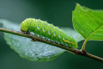 Fototapeta premium Green caterpillar on a leaf and stem