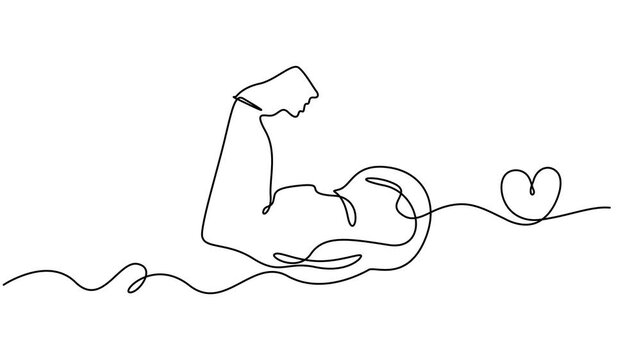 Animated self drawing of continuous line draw of Arm shows bicep fist. Full length one line animation. 4K, Arm shows bicep fist. Continuous one line vector, Man's hand shows a fist on the biceps in.
