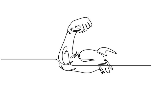 Animated self drawing of continuous line draw of Arm shows bicep fist. Full length one line animation. 4K, Arm shows bicep fist. Continuous one line vector, Man's hand shows a fist on the biceps in.