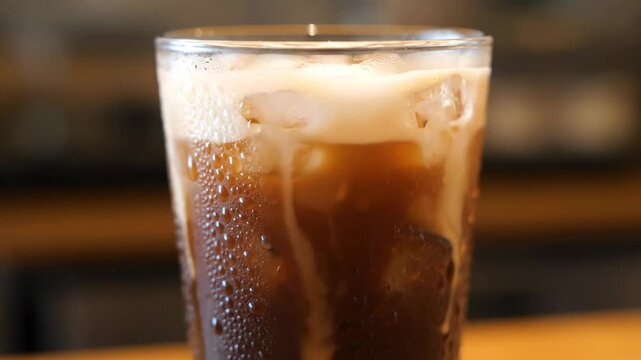 Extreme Close-up of Refreshing Iced Coffee with Cold Foam Topping and Ice Cubes in a Glass on a Cafe Counter