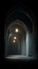 Naklejka premium Dark Gothic Archway Corridor Lit by Hanging Lanterns