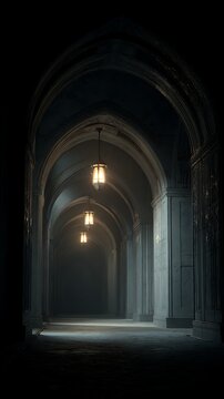 Dark Gothic Archway Corridor Lit by Hanging Lanterns