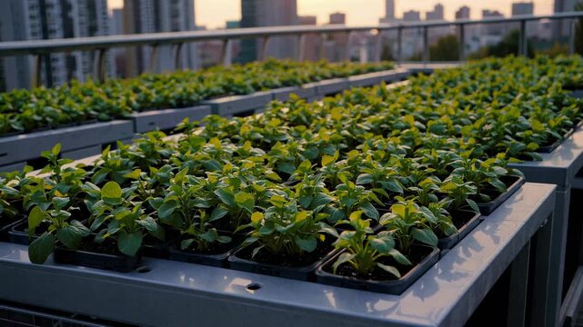 Green seedlings in black pots arranged on rooftop planters, city skyline visible in the background as sunlight casts warm tones across the urban garden
