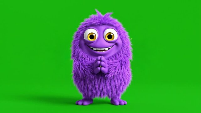 A fluffy, purple creature with big, yellow eyes and a wide smile stands against a vibrant green background, surrounded by yellow star bursts