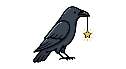 A Raven holding a shining star in its beak, symbolizing good luck and inspiration, a whimsical illustration