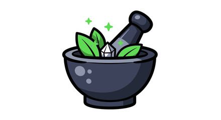 Ancient Alchemical Mortar and Pestle Icon with Glowing Herbs and Mystical Crystal for Elixirs and Potions