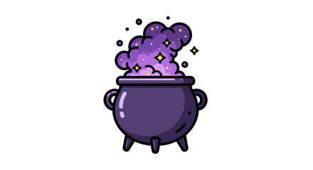 Enchanting black cauldron bubbling with mystical purple potion, creating a magical, sparkly brew icon design
