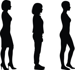 Black silhouette set of female side profiles showing body shape variations isolated on white background comparison collection