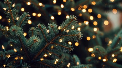Naklejka premium Pine branch decorated with warm lights in outdoor setting.