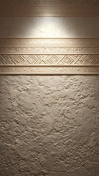 Textured Stone Wall with Geometric Embossed Bands in Warm Lighting