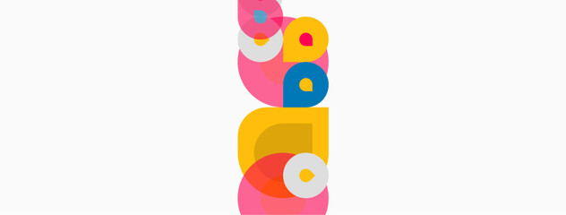 Abstract colorful shapes stacked vertically. Pink, blue, yellow hues dominate composition. Minimalist design, clean aesthetic.