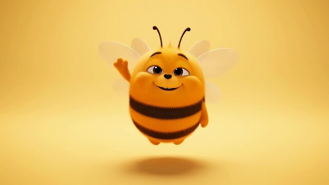 Adorable animated bee waving hello with cheerful expression on yellow background for children content and educational purposes