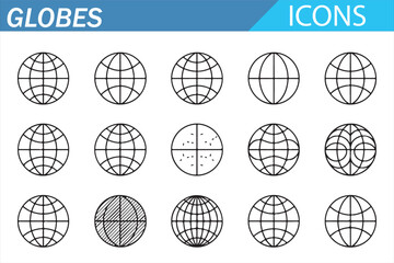 Global Earth Globe Icons Collection &ndash; Minimal Line Vector World Map Symbols