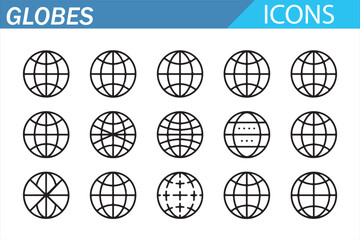 World Globe Icon Set Vector &ndash; Global Earth Line Outline Symbols with Latitude and Longitude Grid