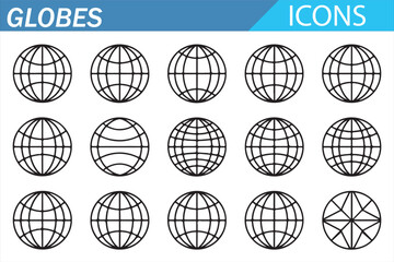 Global Globe Icons Set &ndash; World Earth Line Outline Vector Collection with Latitude Longitude Grid, International Map Symbols for Web, App, Navigation and Infographic Design
