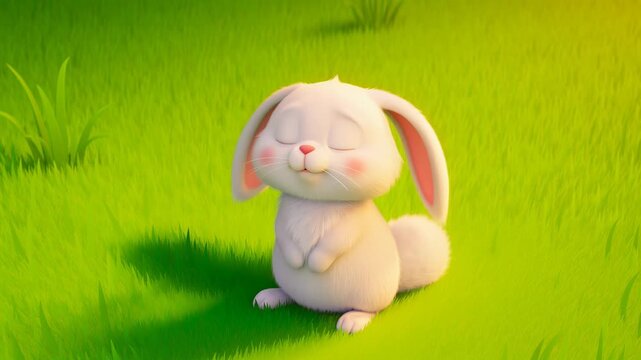 Cute white cartoon bunny sitting peacefully in green grass animation loop video celebrating spring easter and new beginnings