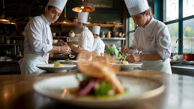 Master chefs adding final touches to plated gourmet dish
