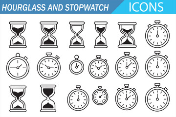 Black and White Stopwatch and Sandglass Icon Collection, Timing Concept
