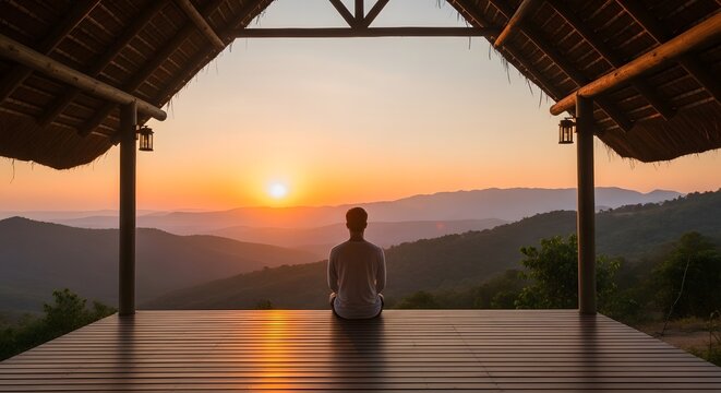Serene mountain sunrise with a person meditating on a wooden deck