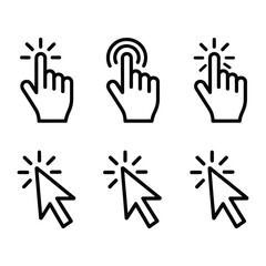 Obraz premium Web navigation elements featuring distinct hand tap and mouse cursor click actions set