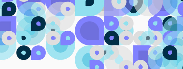 Abstract pattern. Circles, squares overlap creating soft blue tones. Minimalist design, modern aesthetic, clean composition.