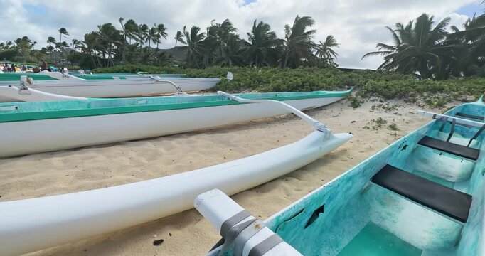 Traditional outrigger canoes on a scenic tropical beach on Hawaii island with clear waters and white sand
