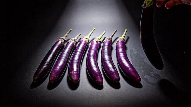 Fresh eggplants arranged in a row