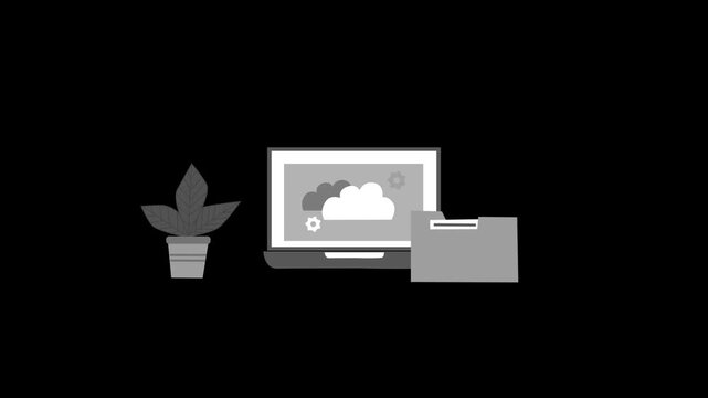 Minimalist animation of a laptop with cloud icons, a plant, and a folder on a black background