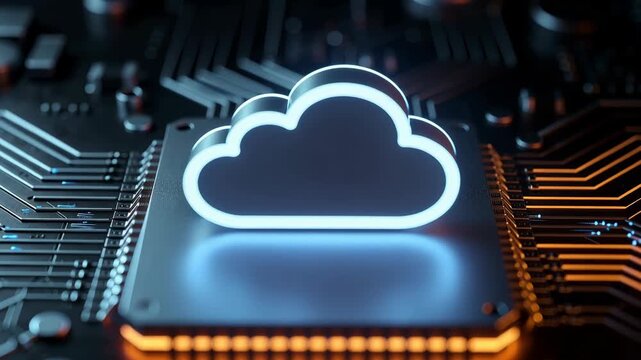 Glowing cloud computing icon on futuristic motherboard with digital network connections and technology concept