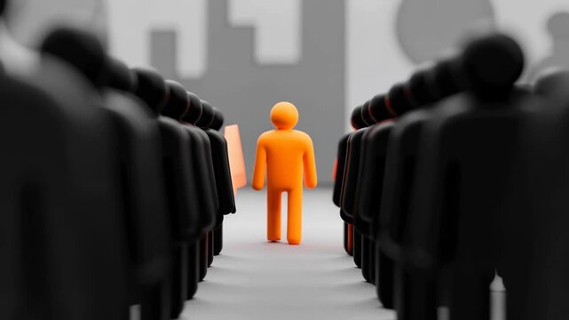 Orange figure walking confidently through crowd of black figures symbolizing leadership and individuality concept