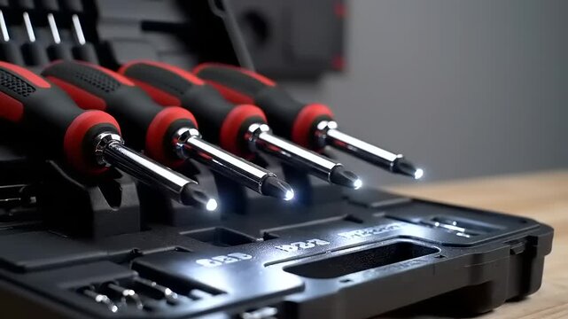 Screwdrivers in Toolbox on Workbench.