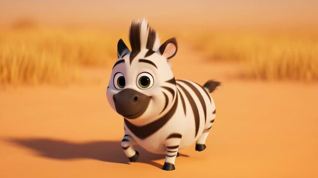 Adorable cartoon zebra running across a sunny african savannah landscape animation character illustration for childrens media