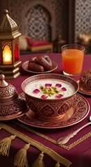 Fototapeta premium Traditional Middle Eastern dessert with dates and drink.