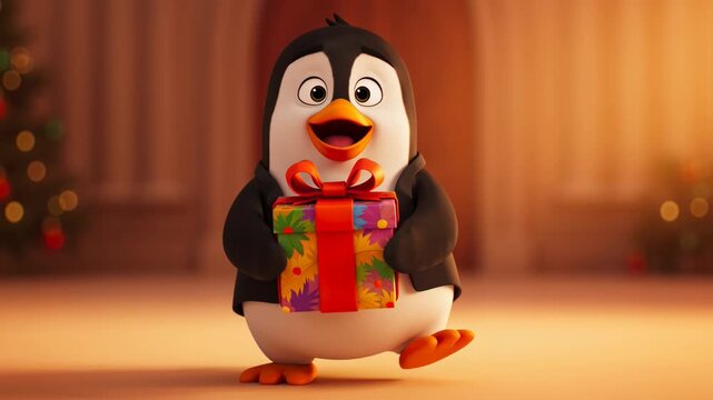 Animated penguin carrying christmas gift for festive holiday celebration with bokeh christmas tree in background animated holiday season