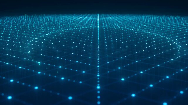 Abstract blue digital grid with perspective lines and glowing dots, technology background